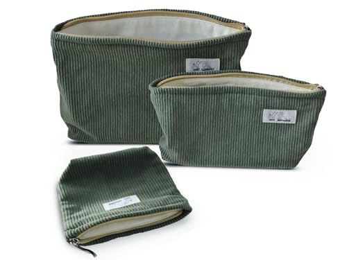 HAPPYHEIDI Corduroy Makeup Bag Set 3 Cosmetic Toiletry Travel Pouch Organizer for Purse Tote, Women Girls Gift, Large Medium Small, Solid Sage Green - color: Sage Green Corduroy Set of 3