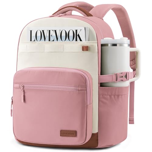 LOVEVOOK Laptop Backpack for Women with 40oz Tumbler Holder, Lightweight School Backpack Fits 15.6 Inch Laptop, Cute College Backpack for Work, Travel & Daily Commute - color: Pink /White, size: 15.6 Inch