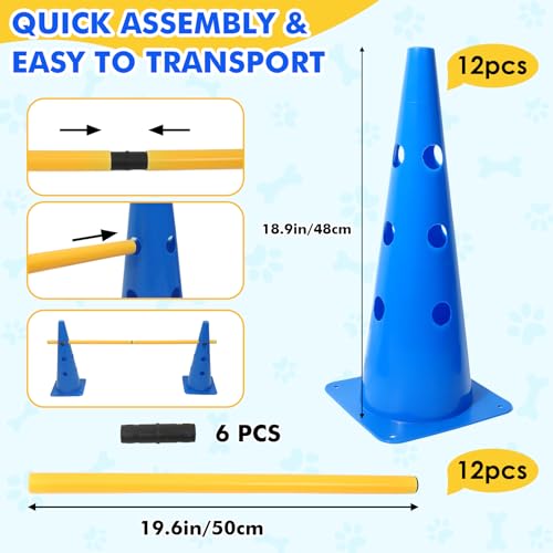 Wdmiya 18.9" Dog Agility Training Hurdle Cone Set, Dog Agility Course Backyard Set with Height Adjustable Crossbar, Dog Agility Equipment for Obedience, Rehabilitation, Starter - 12 Cones & 6 Poles