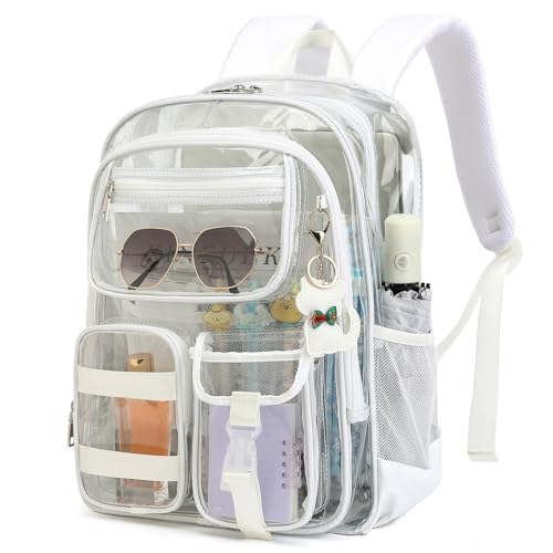 Clear Backpack for School Girls Boys Heavy Duty Transparent Backpack with Multiple Pockets, Lightweight PVC See Through Bookbag for Students-White - color: White