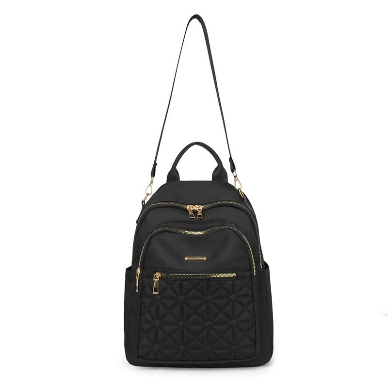 Small Nylon Women Backpack Purse, Lightweight Casual Mini Shoulder Satchel Tote Bag, 13 Inch Stylish Quilted Daypack Crossbody Bag for Daily Travel Commute, Black