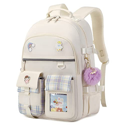 Backpack for Girls, 15.6 Inch Laptop School Bag Kids Kindergarten Elementary College Backpacks Large Bookbags for Teen Girl Women Students Casual Travel Daypacks (Beige) - color: Beige