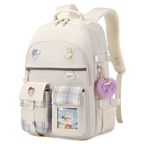 Backpack for Girls, 15.6 Inch Laptop School Bag Kids Kindergarten Elementary College Backpacks Large Bookbags for Teen Girl Women Students Casual Travel Daypacks (Beige) - color: Beige