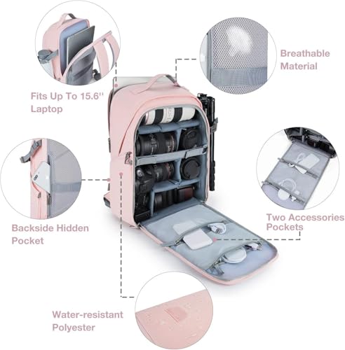 BAGSMART Camera Backpack, DSLR SLR Camera Bag Backpack Fits 15.6 Inch Laptop, Waterproof Camera Case for Photographers and Women,with Rain Cover,Tripod Holder,Pink - color: Pink, size: Large