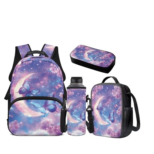 JEOCODY Kids School Bag Butterfly Backpack for Girls Boys Bookbag with Lunch Box Pencil Case Water Bottle Holder Set of 4 Daypack for Travel Picnic Hiking Back to School Accessories - color: Butterfly With Moon Printed