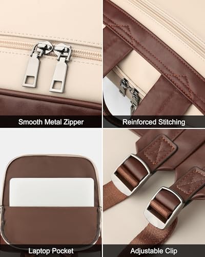 MASINTOR 15.6 inch Leather Laptop Backpack Purse for Women, Designer Travel and Work Bag with Laptop Compartment Beige Brown - color: Beige Brown