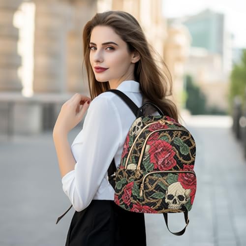susiyo Gothic Rose Skull Pattern Backpack for Women Red Black Gold 10L Bag Halloween Romantic Ladies Backpacks Travel Casual Daypack - color: Red Black Gold, size: Small