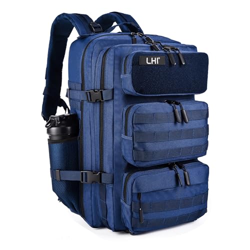 LHI Tactical Military Backpack for Men and Women 25L/35L Army Assault Pack Bag Small Rucksack with Bottle Holder - color: 50l-shoe Compartment(blue), size: Large