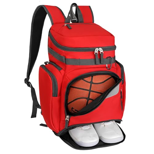 Goloni Basketball Backpack,Large Sports Bag with Ball Compartment & Shoe Compartment, Best for Basketball, Soccer - color: Red