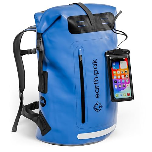 Earth Pak Waterproof Backpack - Heavy Duty Hiking Backpack - Roll-Top Closure Bag - Cushioned Dry Bag Waterproof Phone Case - color: Blue, size: 55L