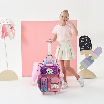 Rolling Backpacks with Wheels for Girls Cute Pink Cat School Roller Backpack,Kids Carry on Travel Luggage with Lunch Bag and Pencil Case for Girls Ages 5-12 - color: A Pink Cat