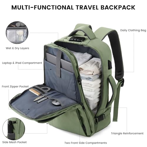 TANTOMI Travel Backpack for Women, Carry On Backpack with Wet-Dry Separation Compartment, TSA-Compliant Laptop Backpack, Personal Item Travel Bag with Anti-Theft Lock for Weekender (Green) - color: 2-green