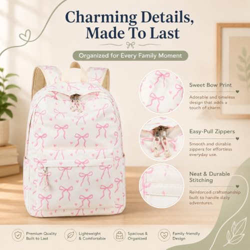 Bluboon School Backpack for Teen Girls Women Laptop Backpack College Bookbags Middle School Travel Work Commuter Back Pack - color: Beige Base Pink Bow & Heart