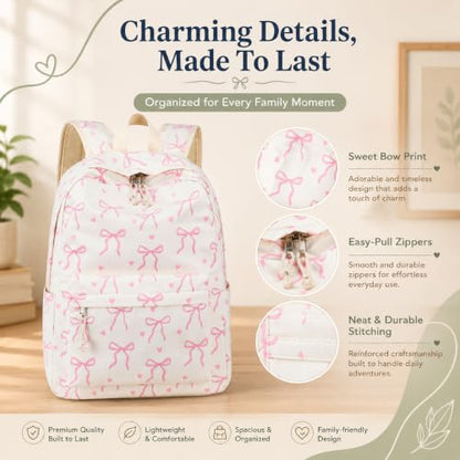 Bluboon School Backpack for Teen Girls Women Laptop Backpack College Bookbags Middle School Travel Work Commuter Back Pack - color: Beige Base Pink Bow & Heart