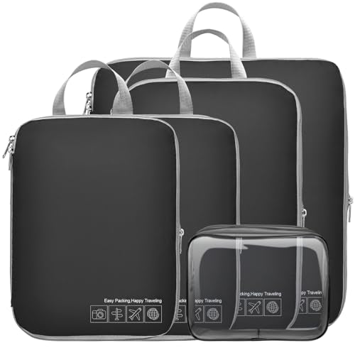 Cambond Compression Packing Cubes for Travel - Lightweight Expandable Travel Bags Luggage Organizers Travel Essentials Compression Cubes for Travel Space Saver for Carry on Suitcases Organizer - color: 03 Black, size: 5-Piece Set (Standard Business/Solo T