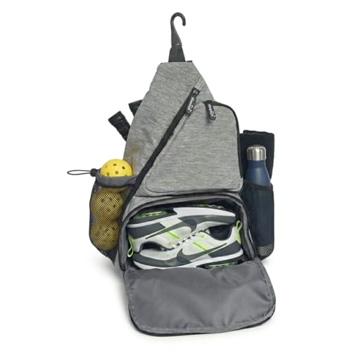 Pickleball Sling Bag with Shoe Compartment - Crossbody Backpack Fits 2 Paddles, 32oz Bottle & Fence Hook, Sports Bag for Men & Women (Shoe Limit: up to US Men's 10 / Women's 11.5) - color: Heather Gray