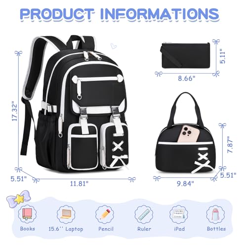 MOONBABY Girls Backpack with Lunch Box & Pencil Case for Kids Teens Bookbag for Elementary Primary Middle High School Daypack - color: Black-3pcs
