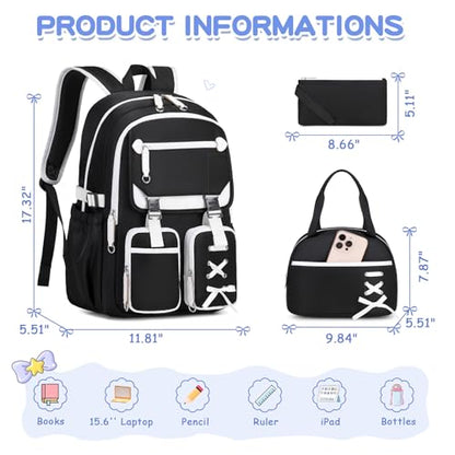 MOONBABY Girls Backpack with Lunch Box & Pencil Case for Kids Teens Bookbag for Elementary Primary Middle High School Daypack - color: Black-3pcs