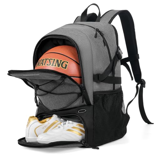 GRANDUP Basketball backpack with ball and shoes compartment Fit Volleyball, soccer, Swim, Gym, Travel, and School, large capacity sports training equipment bags - color: Grey tow ton