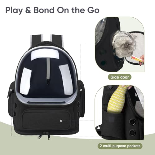Breathable Cat Backpack Carrier, Large Space Cat Bubble Backpack for Kitty & Small Dog up to 18lbs, Foldable Cat Carrier Backpack, Transparent Airline Approved Carrier for Travel (Black) - color: Black