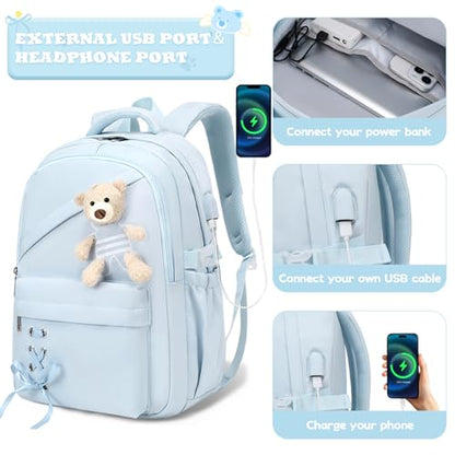 ACESAK School Backpack for Girls - 3 PCS Cute Girls Backpack with Lunch Box & Pencil Case - Kawaii Casual Kids Bookbag School Bag Daypacks Set for Elementary Middle High School Student Teens (Blue) - color: Blue