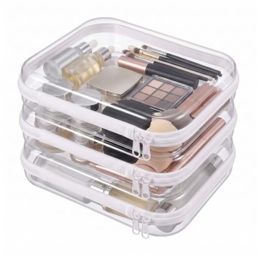 3 Pack Medium Clear Hard Shell Zipper Cases,Cosmetic Bag Transparent Travel Organizer Pouches for Makeup Toiletries Electronics Pencil Storage Toy Organizers Diaper Bag & Home Use (White) - color: Clear White, size: 3 Pack (M)