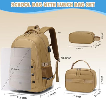 ACESAK Camo Backpack for Boys, Tactical Kids Backpack Boys, School Bags for Boy Children Teens Kids Elementary Middle High School, Military Bookbag and Lunch Bag Pencil Case Set with USB Charging Port - color: Khaki
