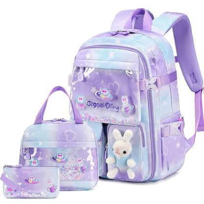 FIXITOK Girls Backpack Set, 3PCS Kids Backpack for Girls, Kawaii Bunny School Backpacks for Girl Kindergarten Elementary Preschool Middle School Bags with Lunch Box Pencil Case Dreamy-Purple - color: Dreamy-purple