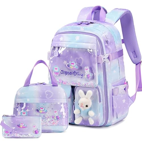 FIXITOK Girls Backpack Set, 3PCS Kids Backpack for Girls, Kawaii Bunny School Backpacks for Girl Kindergarten Elementary Preschool Middle School Bags with Lunch Box Pencil Case Dreamy-Purple - color: Dreamy-purple