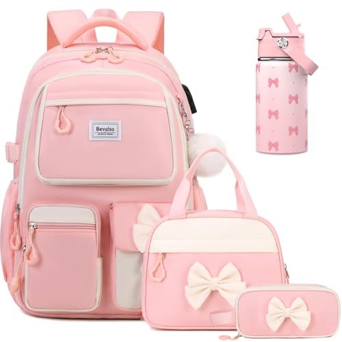 Bevalsa Backpack for Girls, Bow Bookpack with 14oz Insulated Water Bottle, Lunch Bag & Pen Case, Schoolbag for Kids & BPA-FREE Stainless Steel Metal Cup for Elementary Middle Student (Pink) - color: Pink
