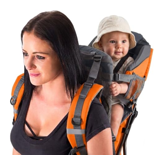 Hiking Baby Carrier Backpack - Comfortable Toddler/Baby Backpack Carrier System with Diaper Change Pad, Insulated Pocket + Rain and Sun Hood to Protect Your Child - color: Orange/Grey
