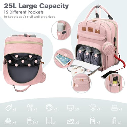 JSTPRO Diaper Bag Backpack, Large Diaper Bag with Changing Station, Baby Bag, New Mom Gifts, Lightweight Waterproof Unisex Diaper Bag with Insulated Pockets and USB Charging Port, Pink - color: Pink