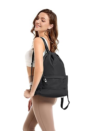BAVELOE Drawstring Backpack with Wet Pocket Gym Backpack Water-Resistant Cinch String Bag Beach Swim for Women Men - color: Pure Black