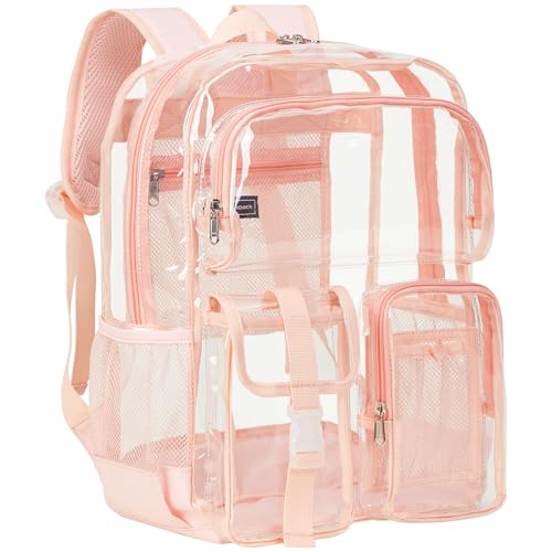 Vorspack Clear Backpack for School - Heavy Duty Transparent Bookbag for Girls Boys Large See Through backpacks for Work, College, Travel - Pink - color: Pink, size: Large