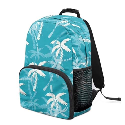 Lightweight Backpack for Teen Girls & Boys - School Bag Fit 15.6 Inch Laptop Compartment, 2 Elastic Side Pockets & Front Pockets Organizer (17.3x12.2x5.9in) Coconut Tree Print Blue - color: Coconut Tree Print Blue