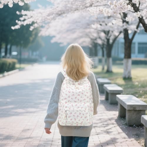 Bluboon School Backpack for Teen Girls Women Laptop Backpack College Bookbags Middle School Travel Work Commuter Back Pack - color: Pink Rose Flower Beige Base 312
