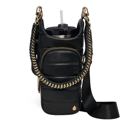 WanderFull HydroBag Handle®, Vegan Leather Hands-Free Crossbody 40 Oz Water Bottle Carrier w/Strap Bundle - color: Black
