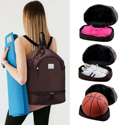 Kamo Drawstring Backpack Bag - Sport Swimming Yoga Backpack with Shoe Compartment, Two Water Bottle Holder for Men Women Large String Backpack Athletic Sackpack for Travel - color: Dark Brown
