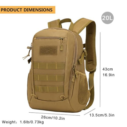 ArcEnCiel 10L/20L Mini X-Small Tactical Backpack MOLLE Daypack Gear Pack Camping Bag with Patch - color: Brown, size: 20L