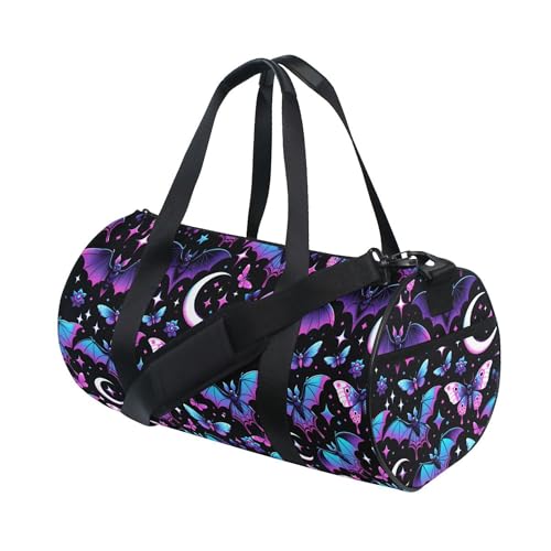 MNSRUU Sports Duffel Bags, Neon Purple and Bats Stars and Moons Athletic Gym Bag Overnight Workout Travel Tote Luggage for Men Women Yoga - color: Bats A8889