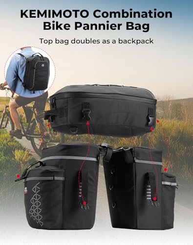KEMIMOTO Bicycle Panniers Combo 3-in-1, Bike Saddle Grocery Bag with Waterproof Rain Cover, 52L Large Capacity Storage Cargo Cycling Backpack, Mountain Road E-bike Trunk Bag, Black