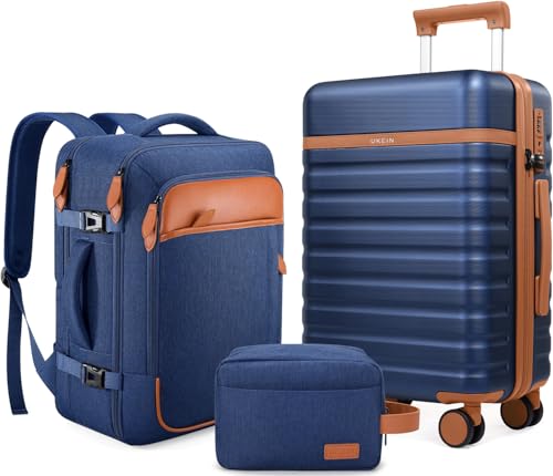 UKEIN Luggage Sets 3 Piece, PC Hardside Large Luggage 28 Inch With Spinner Wheels with TSA Lock, Checked Suitcase Set With Travel Backpack for Men (Blue, 3 piece set (28inch)) - color: Blue, size: 3 piece set (28inch)