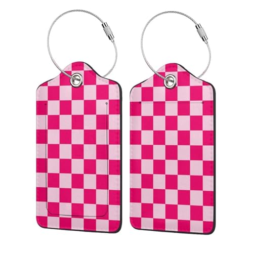 2P Pink Plaid Red White Luggage Tags Privacy Cover ID Label with Stainless Steel Loop and Address Card for Travel Bag Suitcase Funny Cute Man Women Kids - color: Red Pink Lattice