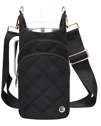 Water Bottle Holder with Strap for 30/32 oz, Crossbody Water Bottle Carrier Bag with RFID Blocking Phone Pocket - color: Black Diamond Quilted