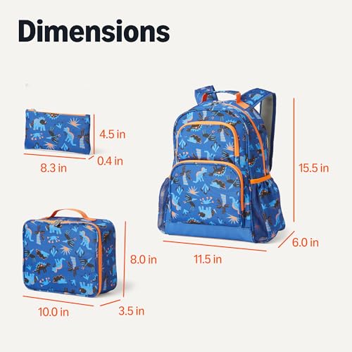 Amazon Essentials Kids School Backpack Set with Lunch Tote and Pencil Case, Multi-Pocket Tear-Resistant Student Daypack, Blue Navy, 3-Piece Set - color: Blue with prints, size: 3-Piece Set