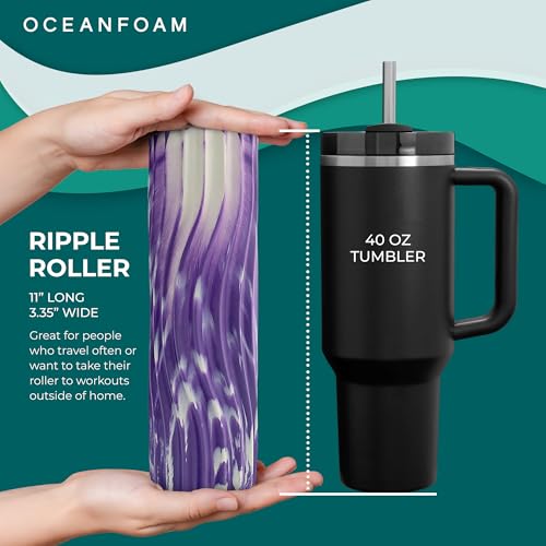 Oceanfoam Ripple Travel Foam Roller (11" x 3.35") Firm Mini Foam Roller for Physical Therapy, Deep Tissue Massage, Back Pain - High Density, Ergonomic Wave Textured - Yoga, Exercise (Purple Marbled) - color: Purple Marbled