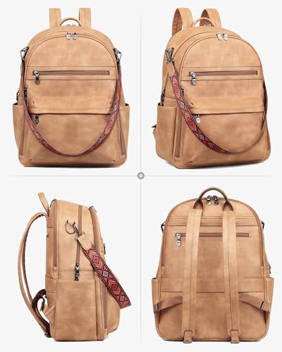 FADEON 15.6 inch Laptop Backpack Purse for Women Designer PU Leather Computer Backpacks Fashion for Work Travel Camel Brown - color: Camel Brown Retro Style