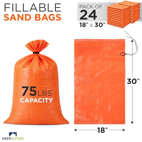 Heavy Duty Sand Bags Pack of 24, Bright Orange Empty Sandbags with Built-In Ties, Woven Polypropylene UV Protection 1600 Hours, Fillable Bags for Flood Control, Weight, 18x30 inches, 75 Pounds Volume - size: 18"W x 30"L, style: Pack of 24