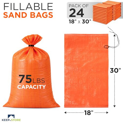 Heavy Duty Sand Bags Pack of 24, Bright Orange Empty Sandbags with Built-In Ties, Woven Polypropylene UV Protection 1600 Hours, Fillable Bags for Flood Control, Weight, 18x30 inches, 75 Pounds Volume - size: 18"W x 30"L, style: Pack of 24