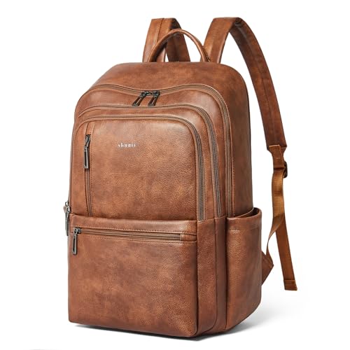 Shrrie 17 inch Leather Laptop Backpack for Women, Large Travel Backpack with 6 Compartments, Vegan Leather Computer backpack purse for WORK Casual Daypack College - color: Brown